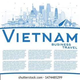 Outline Vietnam City Skyline with Blue Buildings and Copy Space. Vector Illustration. Concept with Historic Architecture. Vietnam Cityscape with Landmarks. Hanoi. Ho Chi Minh. Haiphong. Da Nang. 