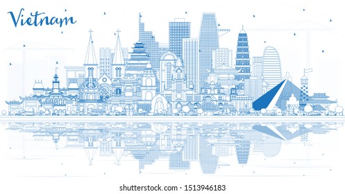 Outline Vietnam City Skyline with Blue Buildings and Reflections. Vector Illustration. Tourism Concept with Historic Architecture. Vietnam Cityscape with Landmarks. Hanoi. Ho Chi Minh. Haiphong. 