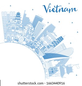 Outline Vietnam City Skyline with Blue Buildings and Copy Space. Vector Illustration. Concept with Historic Architecture. Vietnam Cityscape with Landmarks. Hanoi. Ho Chi Minh. Haiphong. Da Nang.