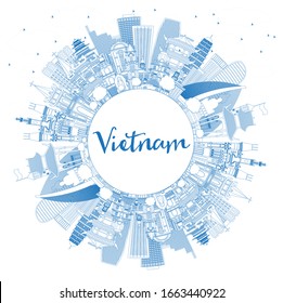 Outline Vietnam City Skyline with Blue Buildings and Copy Space. Vector Illustration. Concept with Historic Architecture. Vietnam Cityscape with Landmarks. Hanoi. Ho Chi Minh. Haiphong. Da Nang.