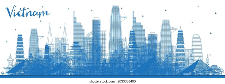 Outline Vietnam City Skyline with Blue Buildings. Vector Illustration. Tourism Concept with Historic Architecture. Vietnam Cityscape with Landmarks. Hanoi. Ho Chi Minh. Haiphong. Da Nang. 