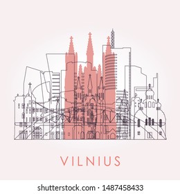 Outline Vilnius skyline with landmarks. Vector illustration. Business travel and tourism concept with historic buildings. Image for presentation, banner, placard and web site.