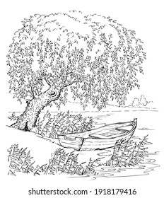 Outline vintage black ink pen hand drawn peace calm fall brook scene retro art doodle line cartoon style. Closeup quiet wild creek cane grass plant land bank scenic view white sky text space backdrop