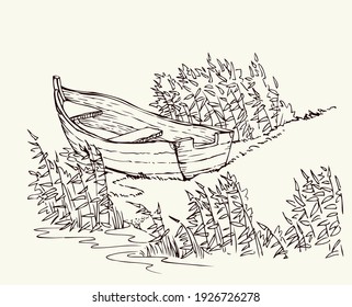 Outline vintage black ink pen hand drawn peace relax calm fall brook scene retro art doodle line style. Closeup quiet wild creek cane grass plant land bank scenic view white sky text space backdrop