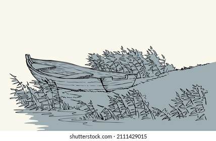Outline vintage black ink pen hand drawn peace relax calm fall brook scene retro art doodle line style. Closeup quiet wild creek cane grass plant land bank scenic view white sky text space backdrop