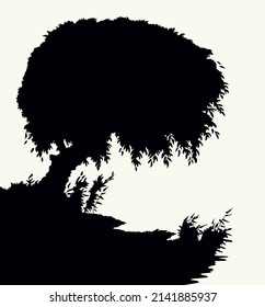 Outline vintage black ink pen hand drawn peace calm fall brook path scene retro art doodle line engrave style. Closeup quiet creek cane grass plant land bank scenic view white sky text space backdrop