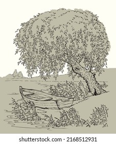 Outline vintage black ink pen hand drawn peace calm fall brook scene retro art doodle line cartoon style. Closeup quiet wild creek cane grass plant land bank scenic view white sky text space backdrop