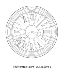 Outline of vintage clock from black lines isolated on white background. Front view. Vector illustration.