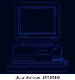 Outline of a vintage computer from blue lines on a dark background. Front view. Vector illustration