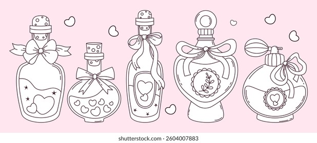 Outline Vintage Coquette Magic Bottles and Perfume with Ribbon Bow set. Romantic Girly Vibe. Vector illustration. Isolated Trendy Aesthetic beauty accessories and cosmetic. Line drawing, coloring book