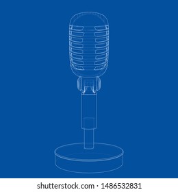 Outline vintage microphone vector. Wire-frame style. The layers of visible and invisible lines. 3D illustration
