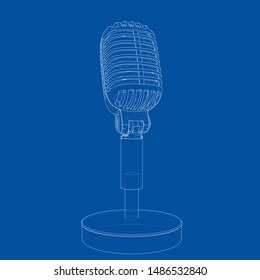 Outline vintage microphone vector. Wire-frame style. The layers of visible and invisible lines. 3D illustration