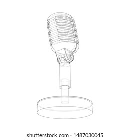 Outline vintage microphone vector. Wire-frame style. The layers of visible and invisible lines. 3D illustration