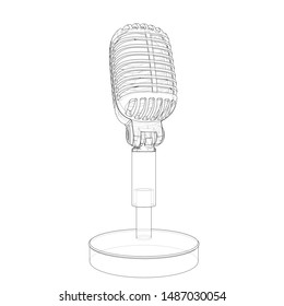 Outline vintage microphone vector. Wire-frame style. The layers of visible and invisible lines. 3D illustration