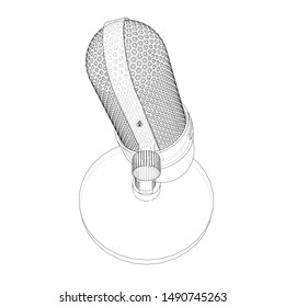 Outline vintage microphone vector. Wire-frame style. The layers of visible and invisible lines. 3D illustration