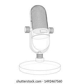 Outline vintage microphone vector. Wire-frame style. The layers of visible and invisible lines. 3D illustration