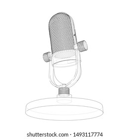 Outline vintage microphone vector. Wire-frame style. The layers of visible and invisible lines. 3D illustration
