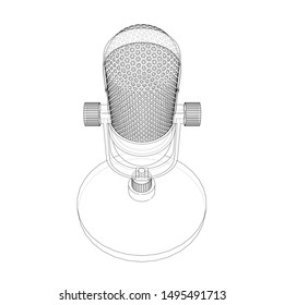 Outline vintage microphone vector. Wire-frame style. The layers of visible and invisible lines. 3D illustration