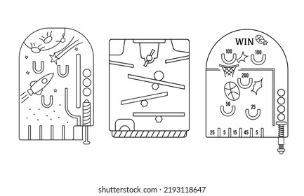 Outline Vintage mini mate handheld pinball game space background and basketball background. Roller ball handheld Toy. box with ball toy reflection. flat design cartoon concept. Vector, illustration.