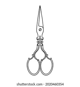 Outline vintage scissors icon, doodle, black and white illustration. Vector Stock illustration.