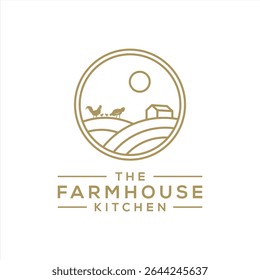 Outline Vintage silhouette chicken farm vector illustration design. Simple agriculture logo concept.