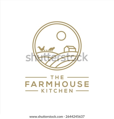 Outline Vintage silhouette chicken farm vector illustration design. Simple agriculture logo concept.