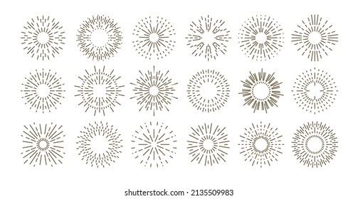 Outline vintage sun rays for boho minimalistic logos, abstract geometric design. Vector set