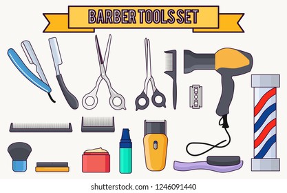 outline Vintage tools of barber shop on 