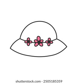 Outline vintage women hat with chamomile flowers. hand drawn girlie headwear accessory with cute little blossoms. Isolated vector illustration in doodle style