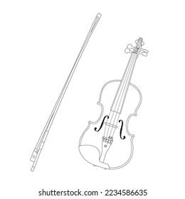 Outline violin or fiddle is a wooden chordophone, string instrument. Vector Illustration isolated on white background.