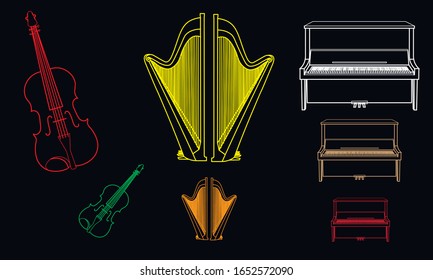 Dibujo de líneas simples de color, formas o formas de contorno de violín, arpa y fondo musical de piano en fondo negro