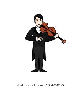 Outline Violinist man character playing music. Musican playing on musical instruments. Violin player vector illustration.