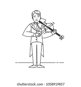 Outline Violinist man character playing music. Musican playing on musical instruments. Violin player vector illustration.