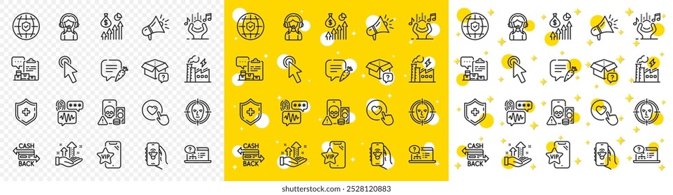 Outline Vip phone, Analysis graph and Noise line icons pack for web with Chat bubble, Secret package, Support line icon. Phishing, Medical shield, Music app pictogram icon. Cursor. Vector
