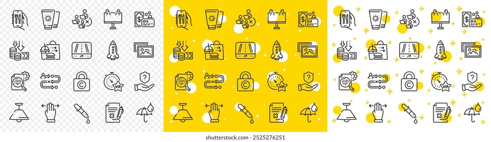 Outline Vip Timer, Seo Statistiken und Deckenlampe Linie Icons Pack für Web mit Rakete, Gps, Lebensmittel Lieferlinie Symbol. Karte, Chemische Pipette, Piktogramm-Symbol der Restaurant-App. Datei ablehnen. Vektorgrafik