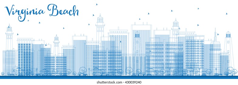 Outline Virginia Beach (Virginia) Skyline with Blue Buildings. Vector Illustration. Business Travel and Tourism Concept with Modern Buildings. Image for Presentation, Banner, Placard and Web Site