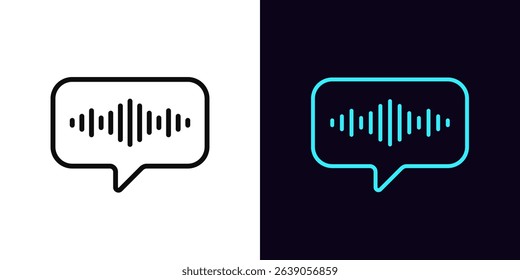 Outline voice message icon, with editable stroke. Bubble message with sound wave, voice record icon. Audio notification, voice control and search, speech identification, microphone record. Vector icon