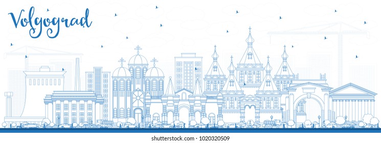 Esbozo del Skyline de la ciudad de Volgogrado Rusia con edificios azules. Ilustración vectorial. Concepto de viajes de negocios y turismo con arquitectura histórica. El paisaje urbano de Volgogrado con puntos de referencia.