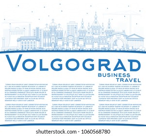 Outline Volgograd Russia City Skyline with Blue Buildings and Copy Space. Vector Illustration. Business Travel and Tourism Concept with Historic Architecture. Volgograd Cityscape with Landmarks.