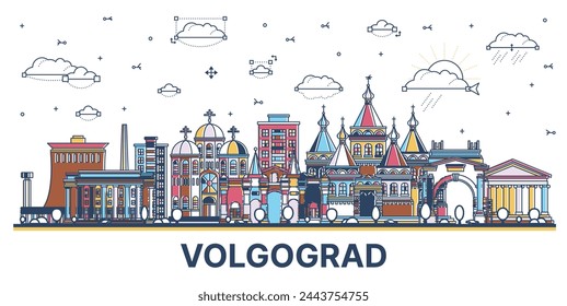 Contorno Volgogrado Rusia horizonte de la ciudad con edificios modernos e históricos de colores aislados en blanco. Ilustración vectorial. Paisaje urbano de Volgogrado con puntos de referencia.