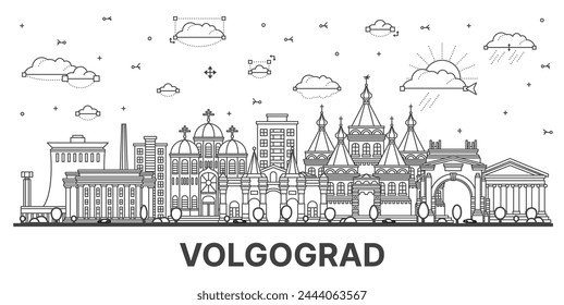 Contorno Volgogrado Rusia horizonte de la ciudad con edificios modernos e históricos aislados en blanco. Ilustración vectorial. Paisaje urbano de Volgogrado con Lugares famosos.