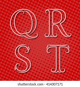 Outline volumetric letters Q, R, S, T with translucent shadows. Pink letters with flourishes on red hearts background. Vintage font in pop art style.