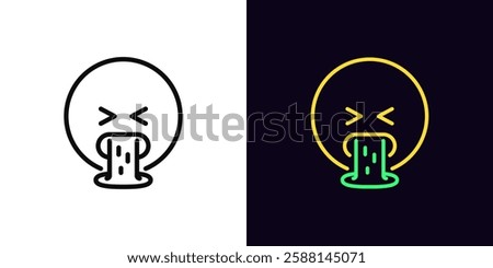 Outline vomiting emoji icon, with editable stroke. Spew emoji, disgust feeling. Emoticon vomit, mouth with puke, dislike reaction, sick emoji, barf face, nausea emoticon, belch expression. Vector icon