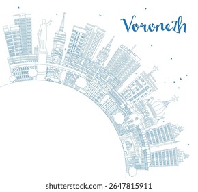 Outline Voronezh Russia city skyline with blue buildings and copy space. Vector illustration. Voronezh cityscape with landmarks. Travel and tourism concept with modern and historic architecture.