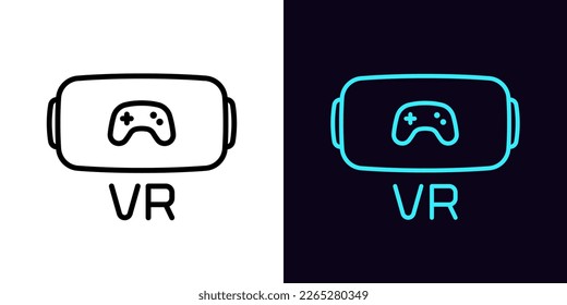 Icono de las gafas VR de contorno, con trazo editable. VR marco de gafas con signo de gamepad, juego en realidad virtual. Tienda de juegos digital para auriculares VR, mundo de juegos virtuales y metástasis. Icono de vector