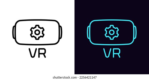 Icono de configuración de gafas VR de contorno, con trazo editable. Marco de gafas VR con señal de engranaje, ajuste de juegos para la realidad virtual. Configuración de auriculares VR y configuración del mundo de juegos de metáfora. Icono de vector
