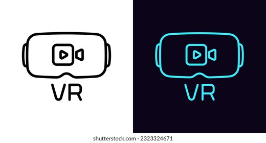 Contorno el icono de vídeo VR, con trazo editable. Gafas VR con señal de cámara de video, realidad virtual de juegos. Auriculares VR para películas y series, gafas interactivas y casco con reproductor de medios. Icono de vector