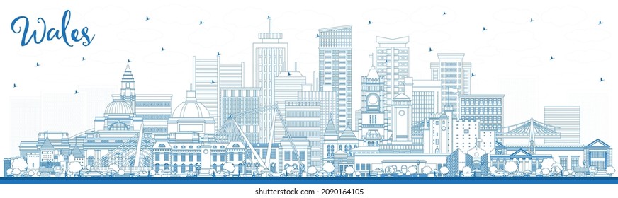 Esbozar el horizonte de la ciudad de Gales con edificios azules. Ilustración vectorial. Concepto con Arquitectura Histórica. El paisaje urbano de Gales con monumentos. Cardiff. Swansea. Newport.