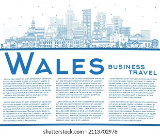 Outline Wales City Skyline with Blue Buildings and Copy Space. Vector Illustration. Concept with Historic Architecture. Wales Cityscape with Landmarks. Cardiff. Swansea. Newport.