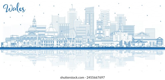 Outline Wales City Skyline with Blue Buildings and reflections. Vector Illustration. Concept with Historic Architecture. Wales Cityscape with Landmarks. Cardiff. Swansea. Newport.